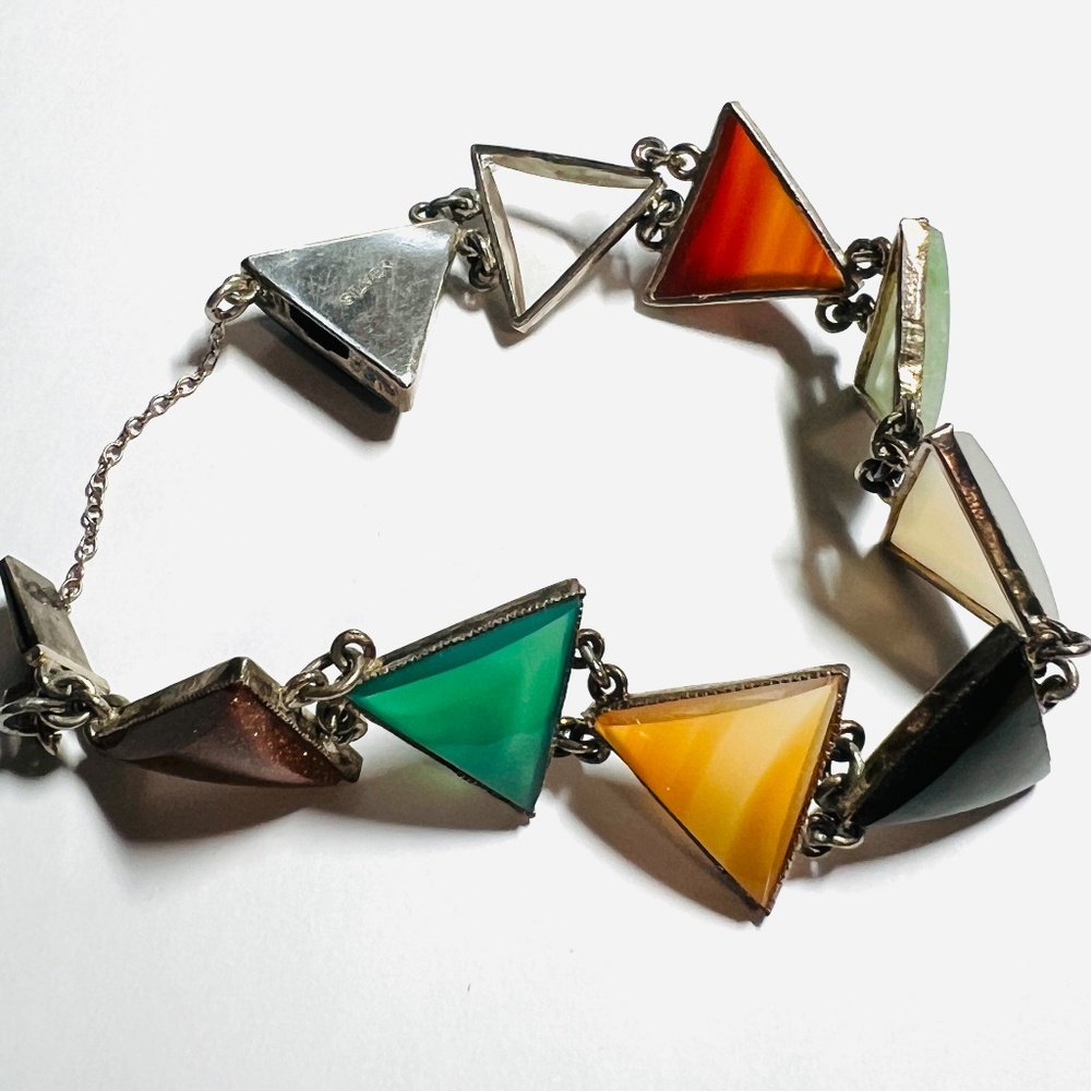 Vintage Midcentury Bracelet - Triangle Faceted Semi Precious Stones - Silver - Picture 3 of 11